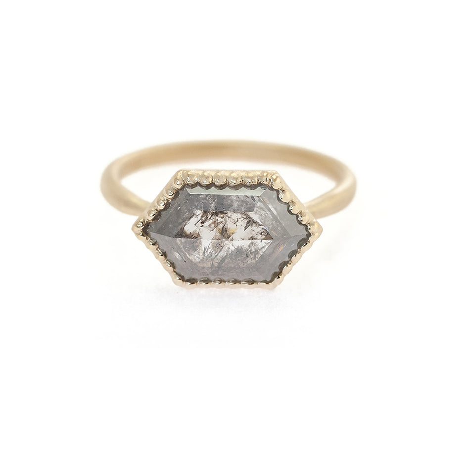 Handmade unconventional engagement or stacking ring featuring hexagon salt and pepper rose cut diamond bezel set in 18K yellow gold by Designer Megan Thorne