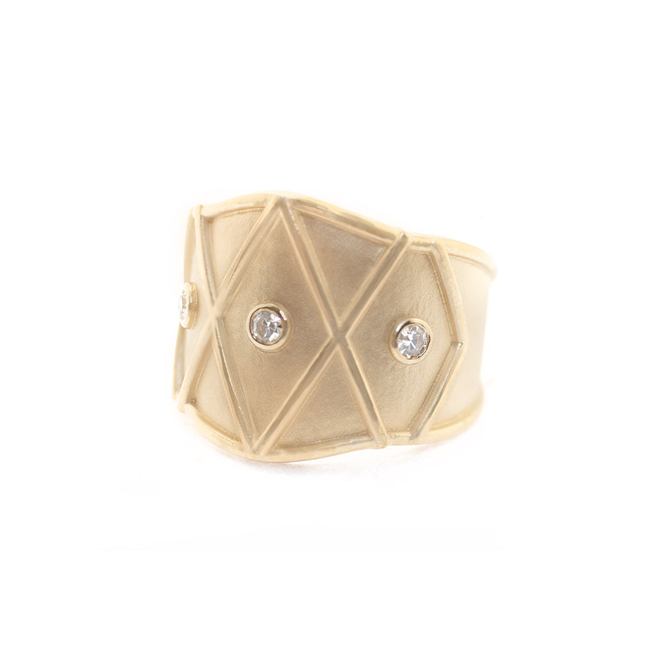Handmade wide cigar band with lattice details and accent diamonds. Statement ring by Designer Megan Thorne