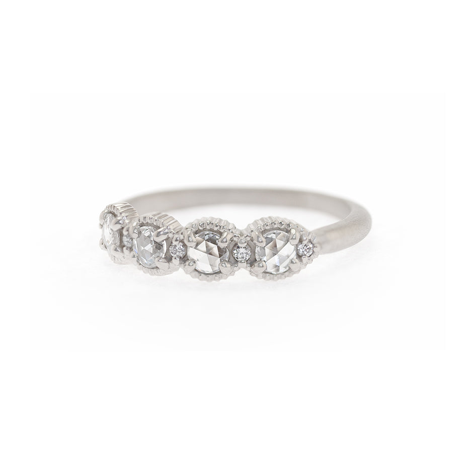 Handmade classic wedding band with rose cut diamonds and ribbed details in 18K white gold by Designer Megan Thorne