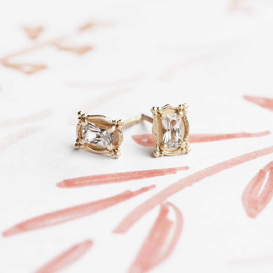 Handmade vintage inspired Picture Frame post earrings featuring white sapphires in 18K yellow gold by Designer Megan Thorne