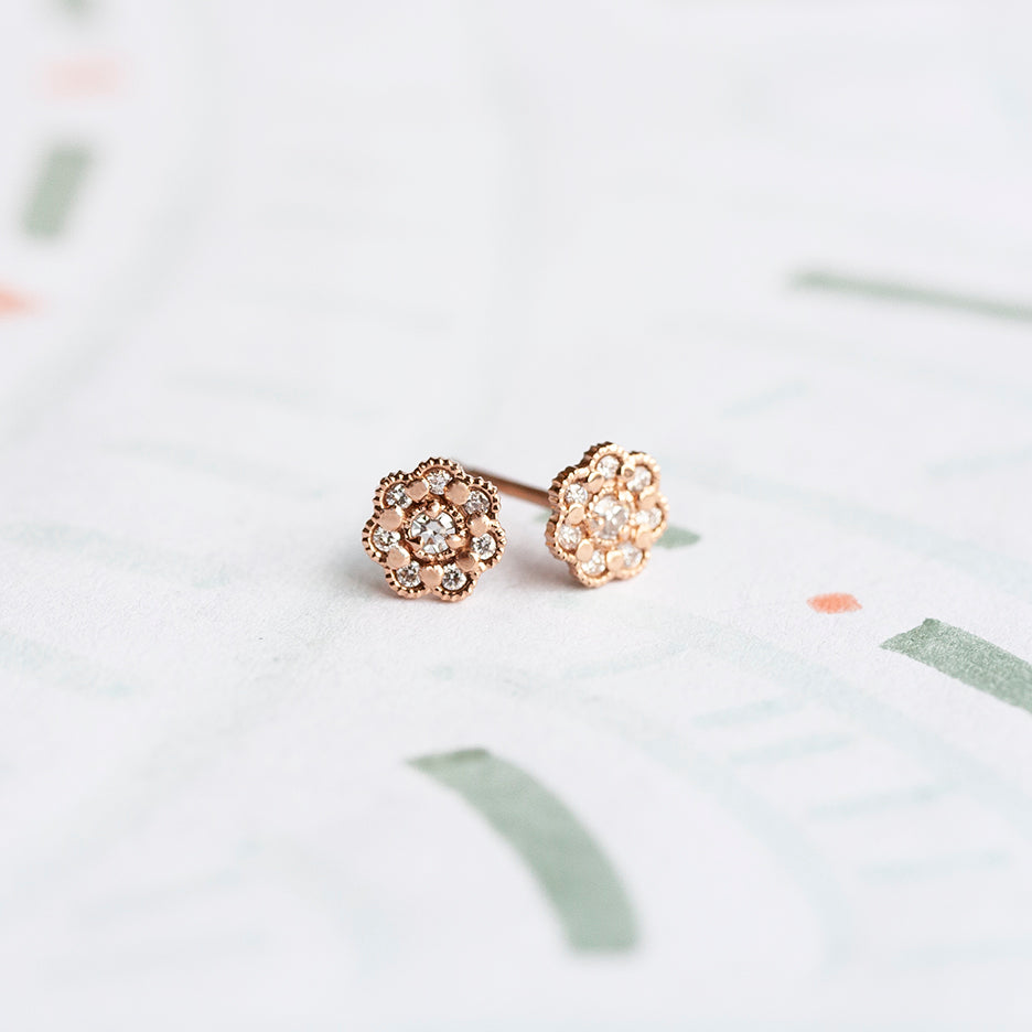 Handmade everyday stud earrings with diamonds and vintage inspired halo beading in 18K rose gold by Designer Megan Thorne