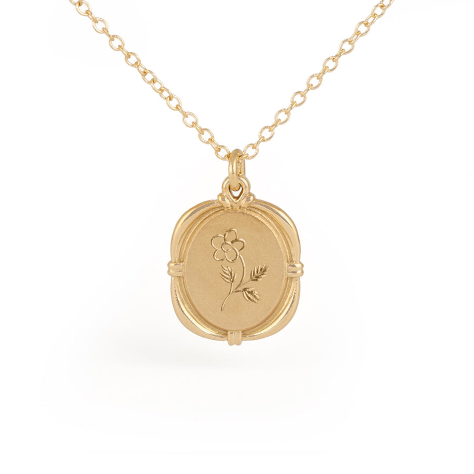 Birth Flower Necklace Hand Engraved in Yellow Gold with Detailing Front View