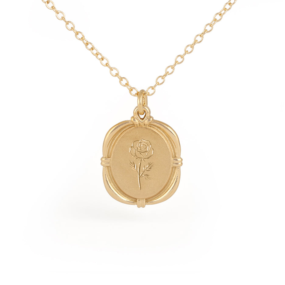 Birth Flower Necklace Hand Engraved in Yellow Gold with Detailing Front View