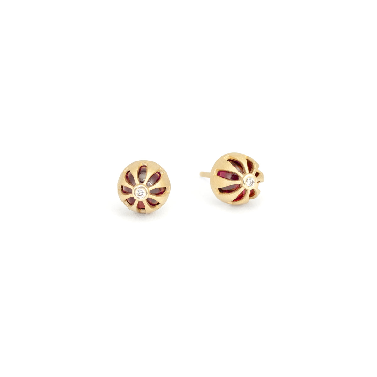 Rhodolite Garnet and Diamond Earrings in Yellow Gold with Detailing