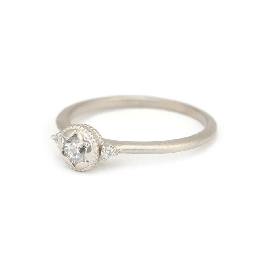 Antique Diamond Ring in White Gold with Detailing Front View