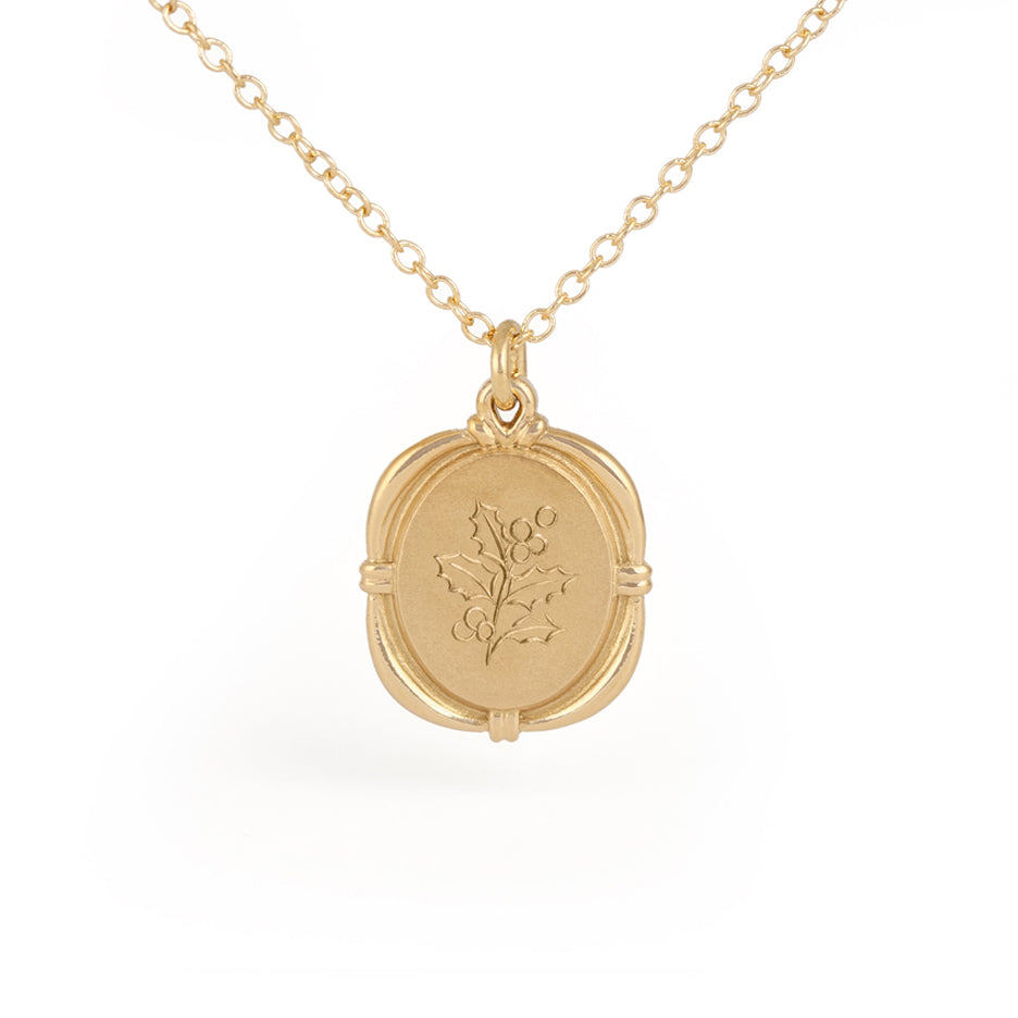 Birth Flower Necklace Hand Engraved in Yellow Gold with Detailing Front View