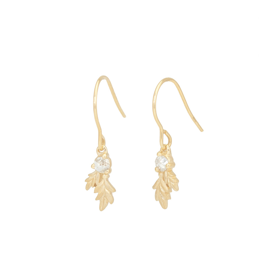 Rose Cut Diamond Drop Earrings in Yellow Gold with Botanical Detailing Front View