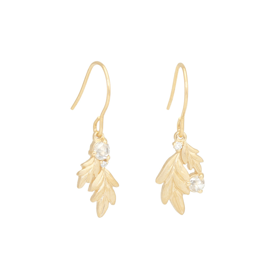 Rose Cut Diamond Drop Earrings in Yellow Gold with Botanical Detailing Front View
