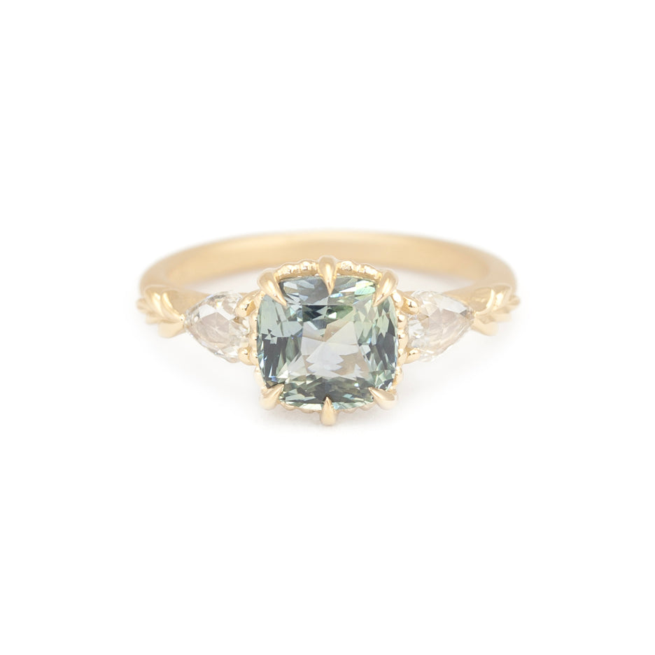 Sapphire Engagement Ring in Yellow Gold with Botanical Detailing Front View