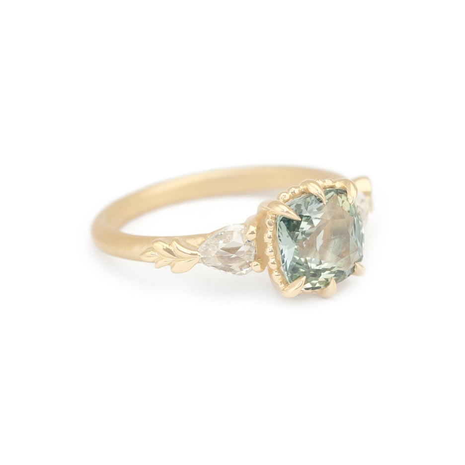 Sapphire Engagement Ring in Yellow Gold with Botanical Detailing Side View