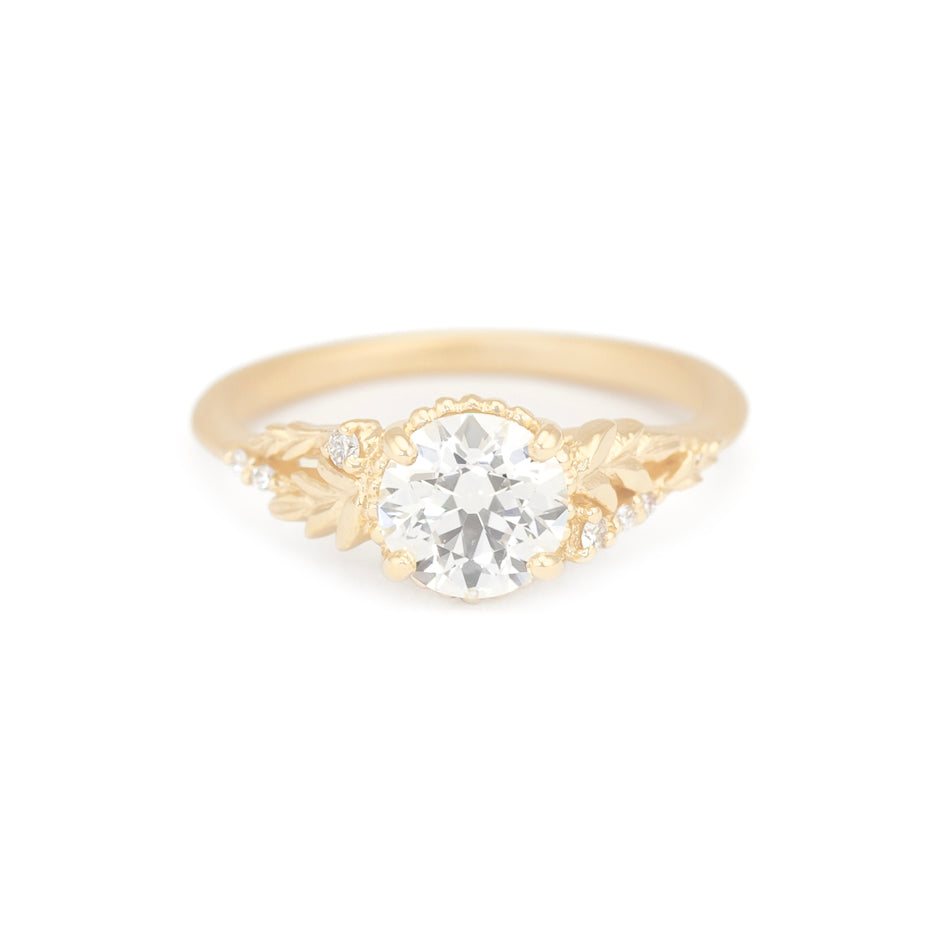Old Euro Cut Diamond Engagement Ring in Yellow Gold with Botanical Detailing Front View
