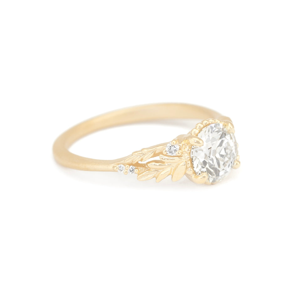 Old Euro Cut Diamond Engagement Ring in Yellow Gold with Botanical Detailing Side View