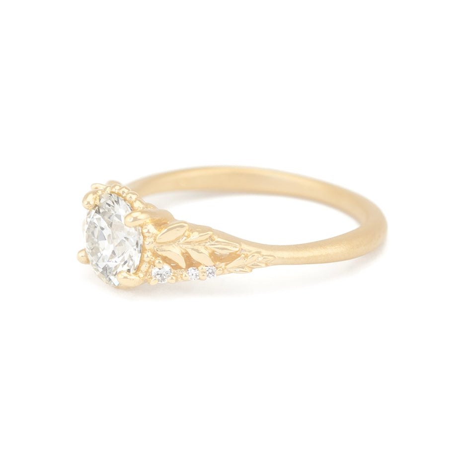 Old Euro Cut Diamond Engagement Ring in Yellow Gold with Botanical Detailing Side View
