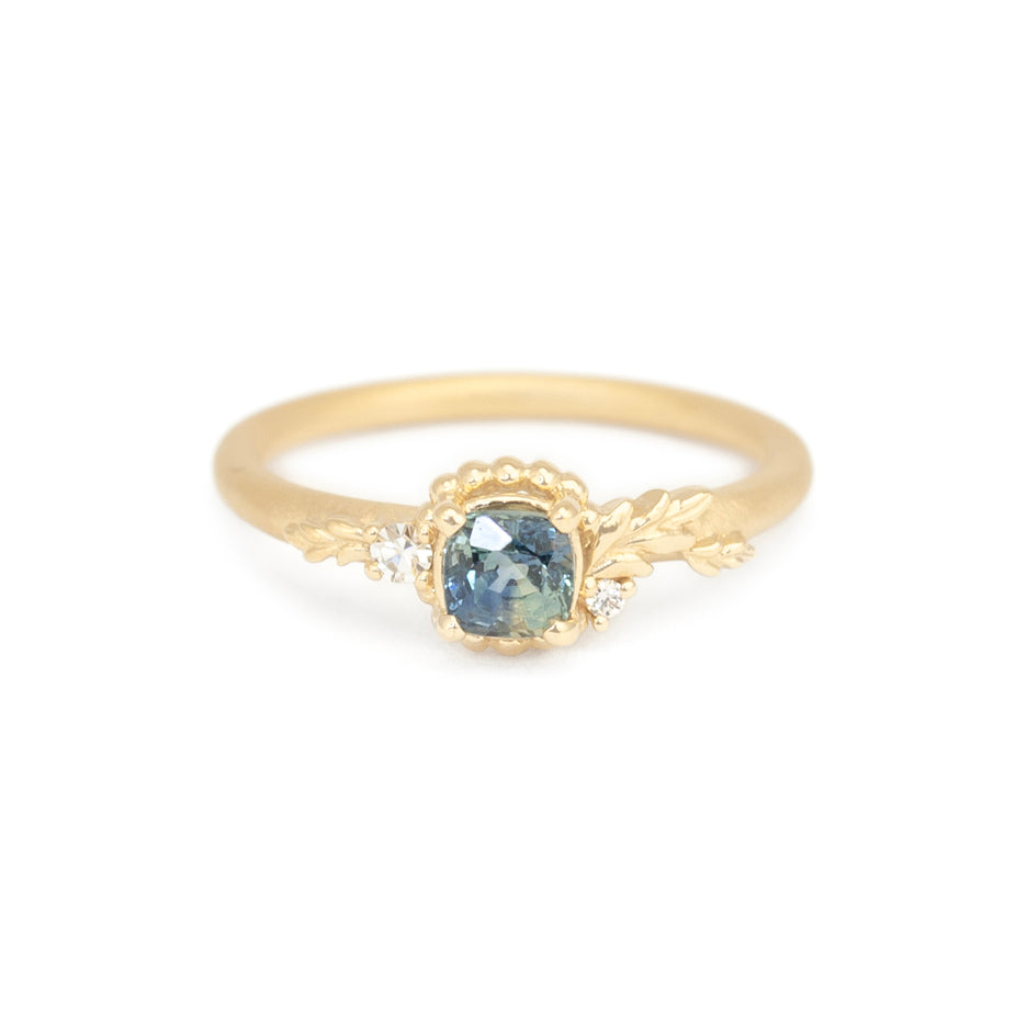Green Sapphire Engagement Ring in Yellow Gold with Botanical Detailing Front View