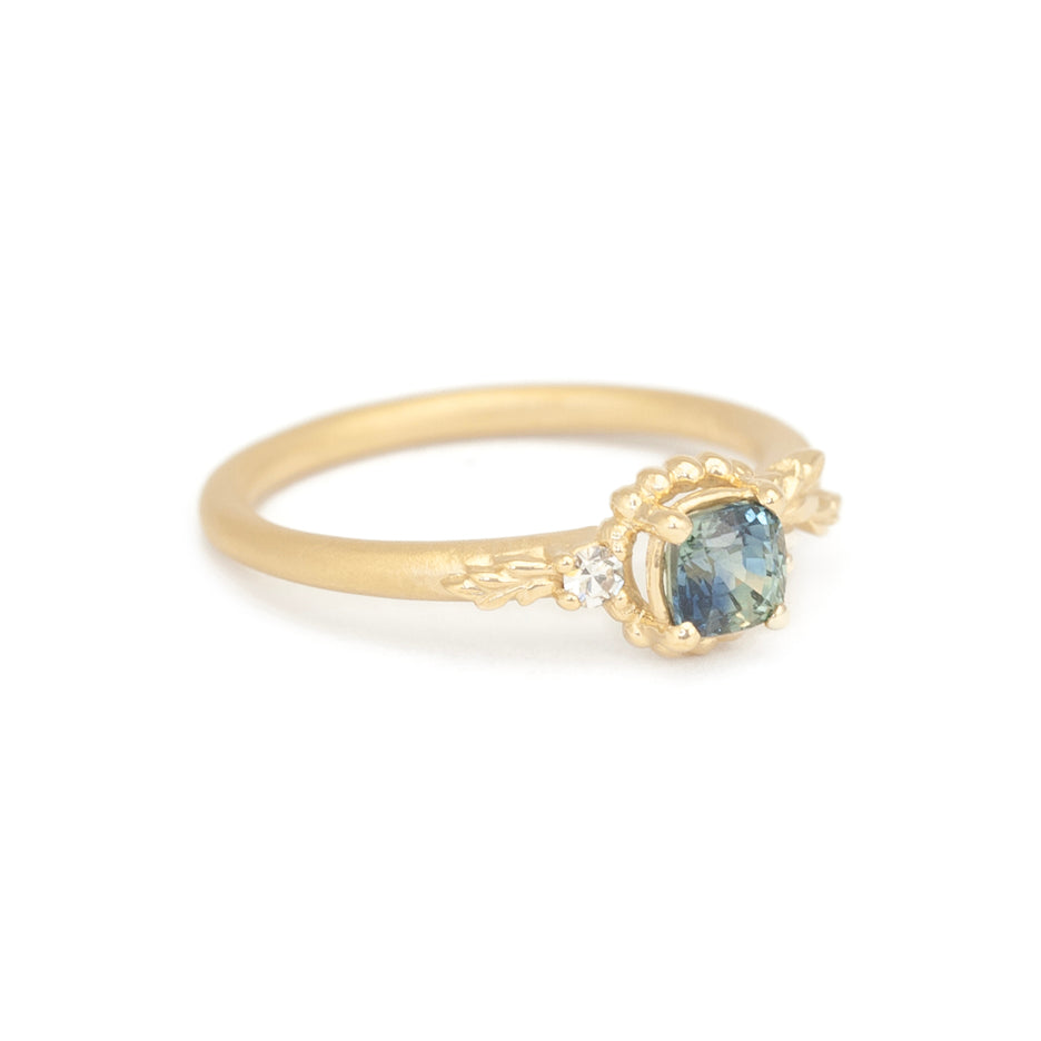 Green Sapphire Engagement Ring in Yellow Gold with Botanical Detailing Side View