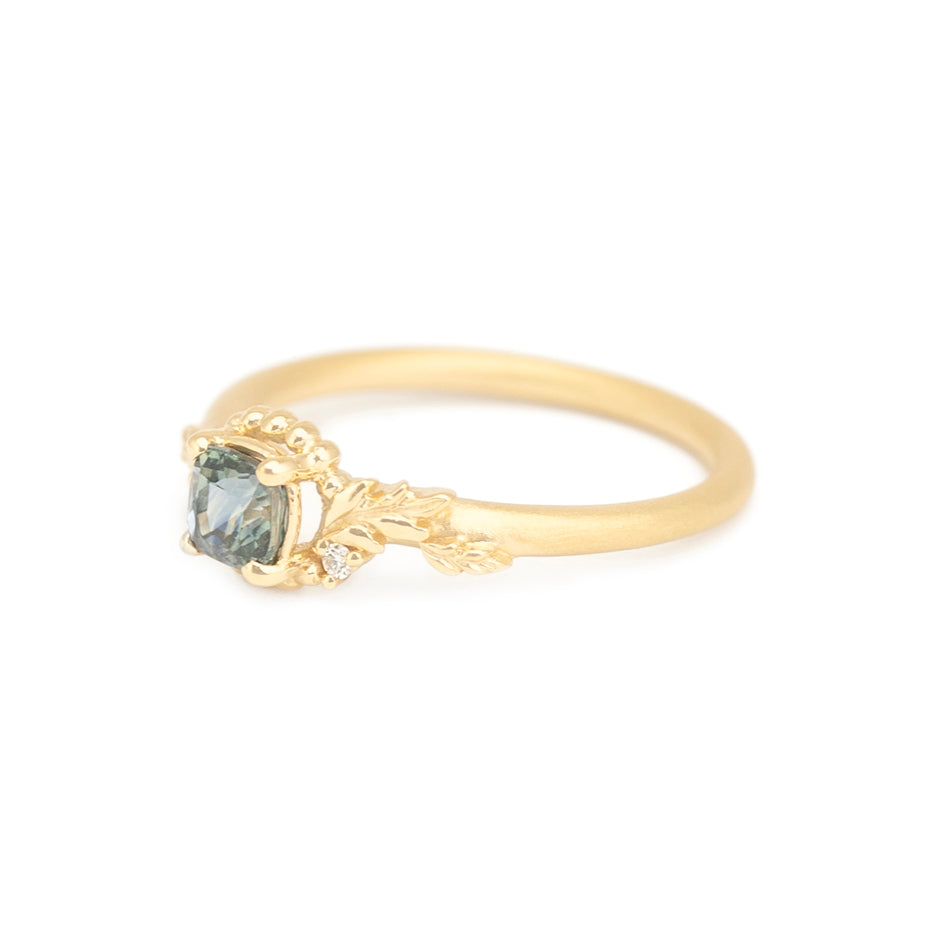 Green Sapphire Engagement Ring in Yellow Gold with Botanical Detailing Side View