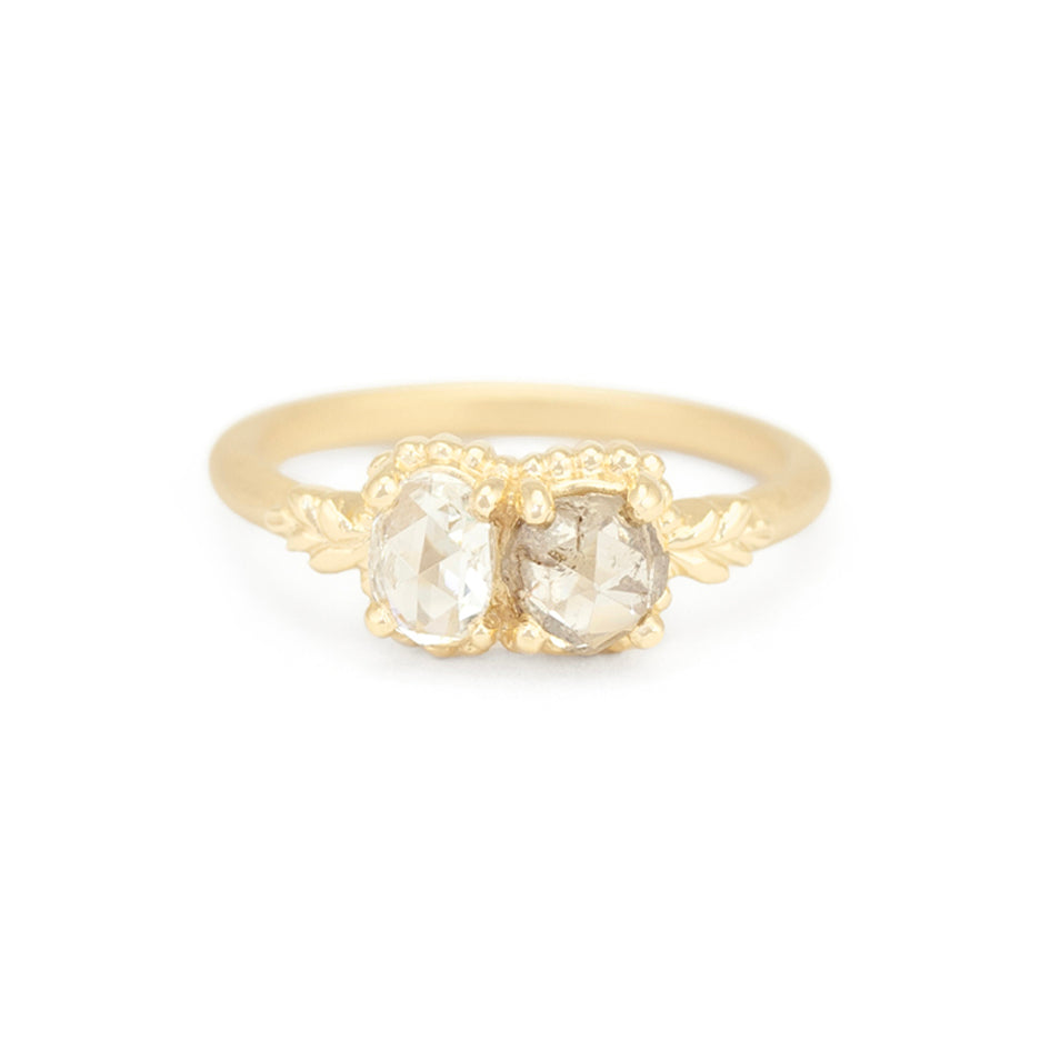 Antique Diamond Ring in Yellow Gold with Botanical Detailing Front View