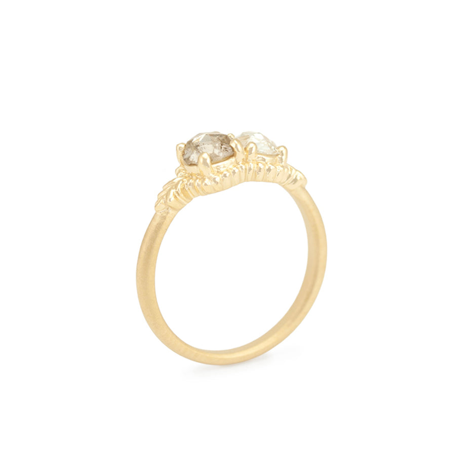 Antique Diamond Ring in Yellow Gold with Botanical Detailing Through Finger View