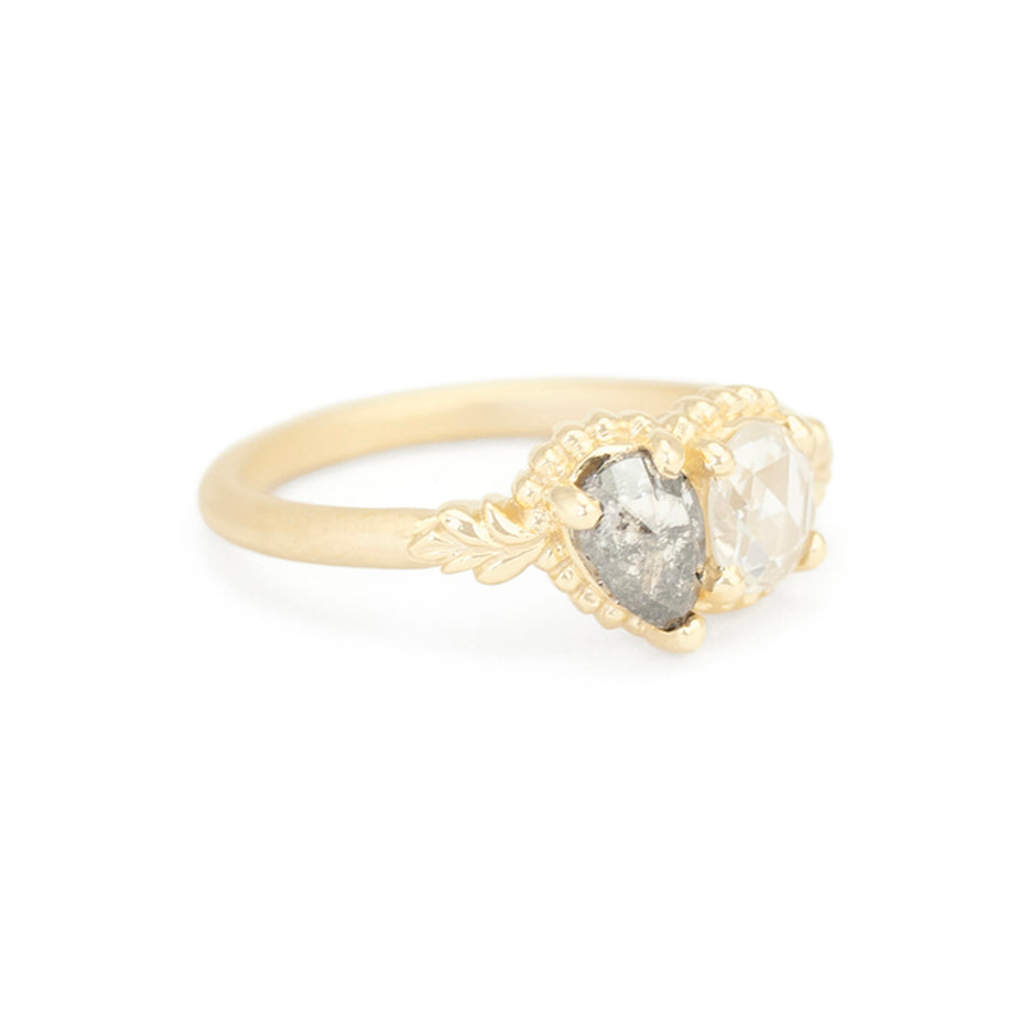 Salt and Pepper Diamond Engagement Ring in Yellow Gold with Botanical Detailing Side View