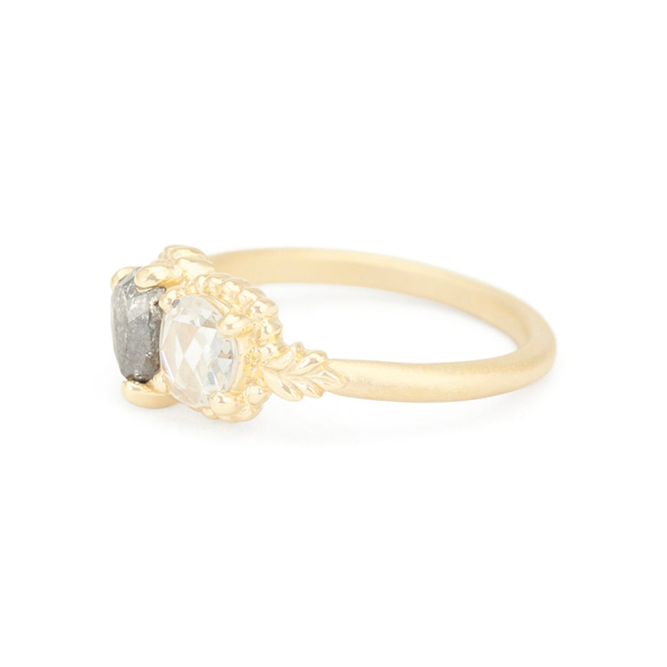 Salt and Pepper Diamond Engagement Ring in Yellow Gold with Botanical Detailing Side View