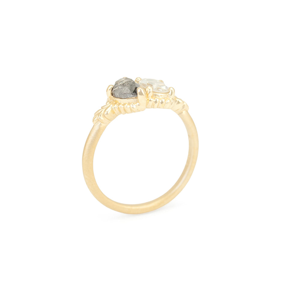 Salt and Pepper Diamond Engagement Ring in Yellow Gold with Botanical Detailing Through Finger View