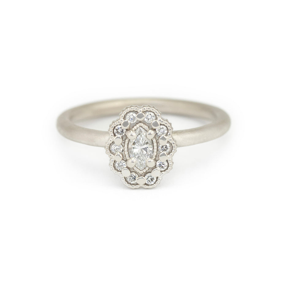 Marquise Diamond Ring in White Gold with Detailing Front View