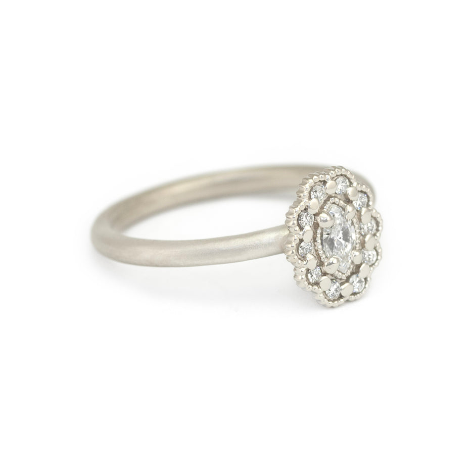 Marquise Diamond Ring in White Gold with Detailing Front View