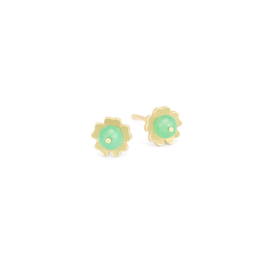 Chrysoprase Earrings in Yellow Gold with Botanical Detailing Front View