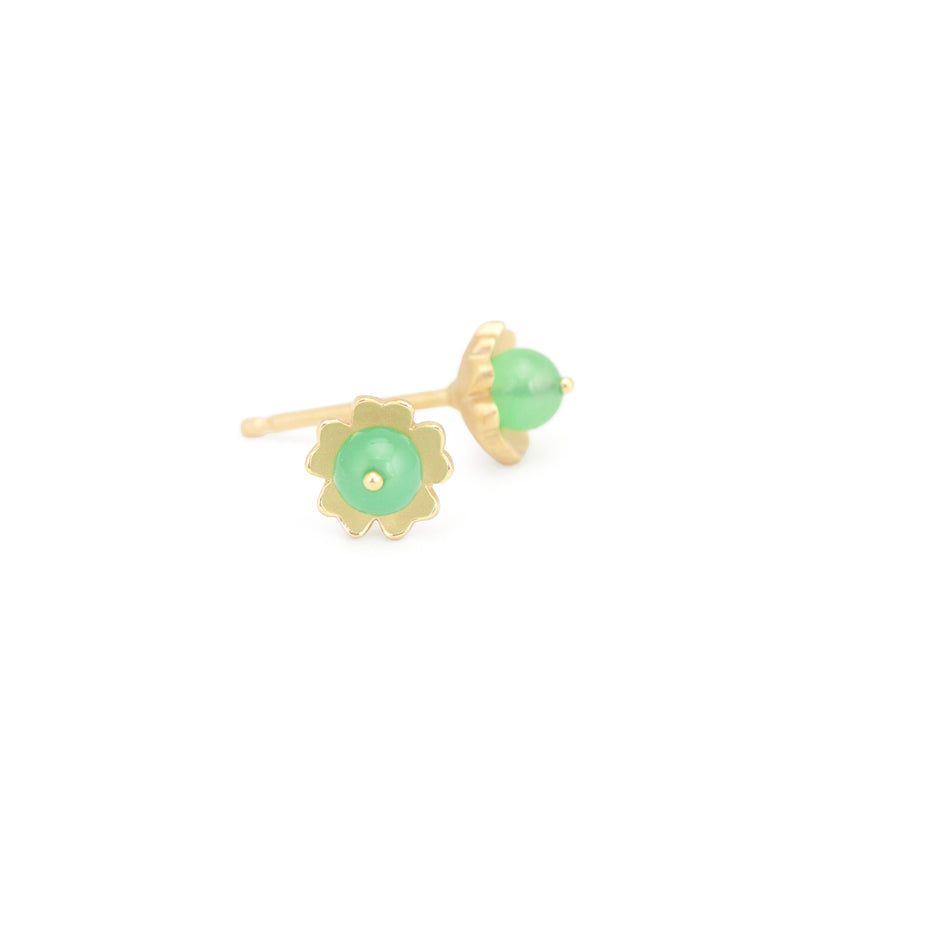 Chrysoprase Earrings in Yellow Gold with Botanical Detailing Side View