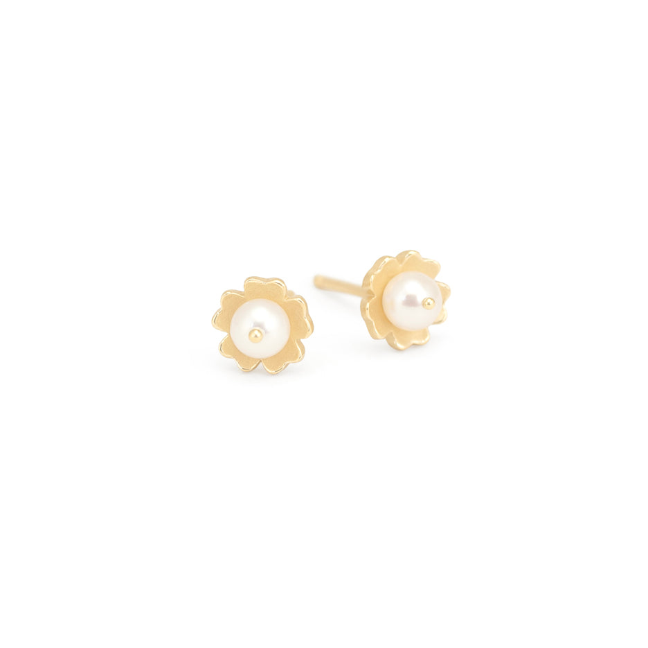 Pearl Earrings in Yellow Gold with Botanical Detailing Front View