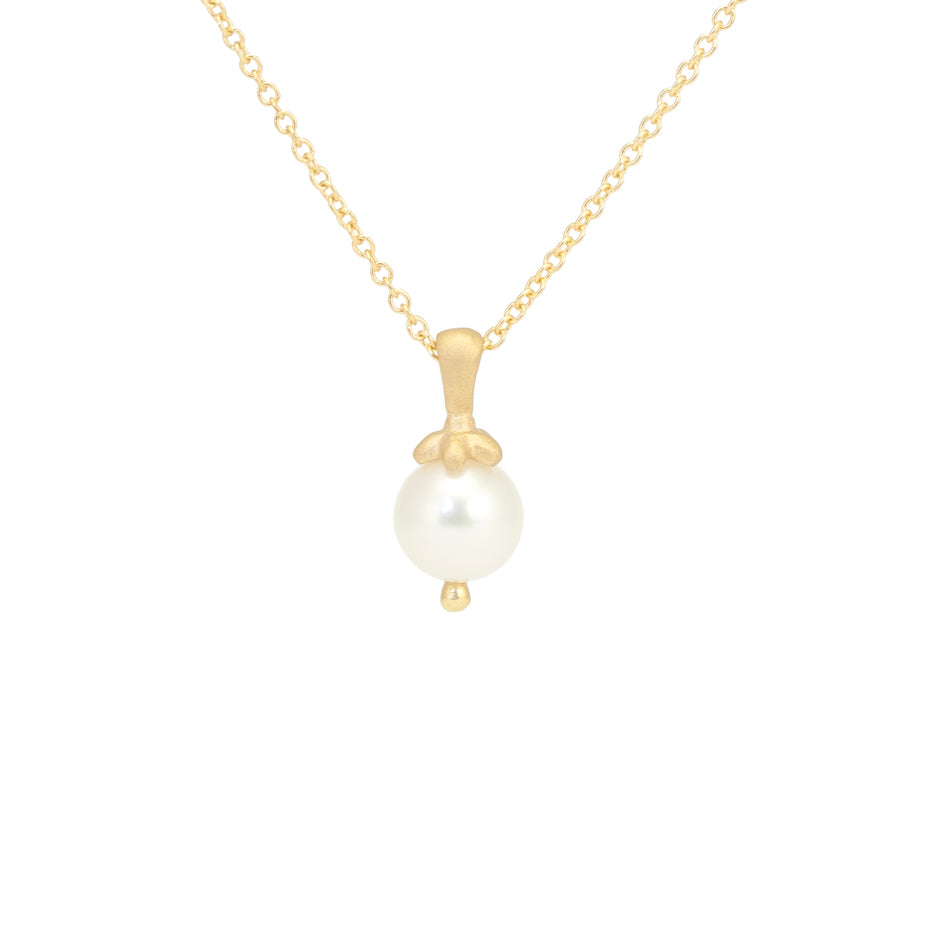 Pearl Necklace in Yellow Gold with Botanical Detailing Front View