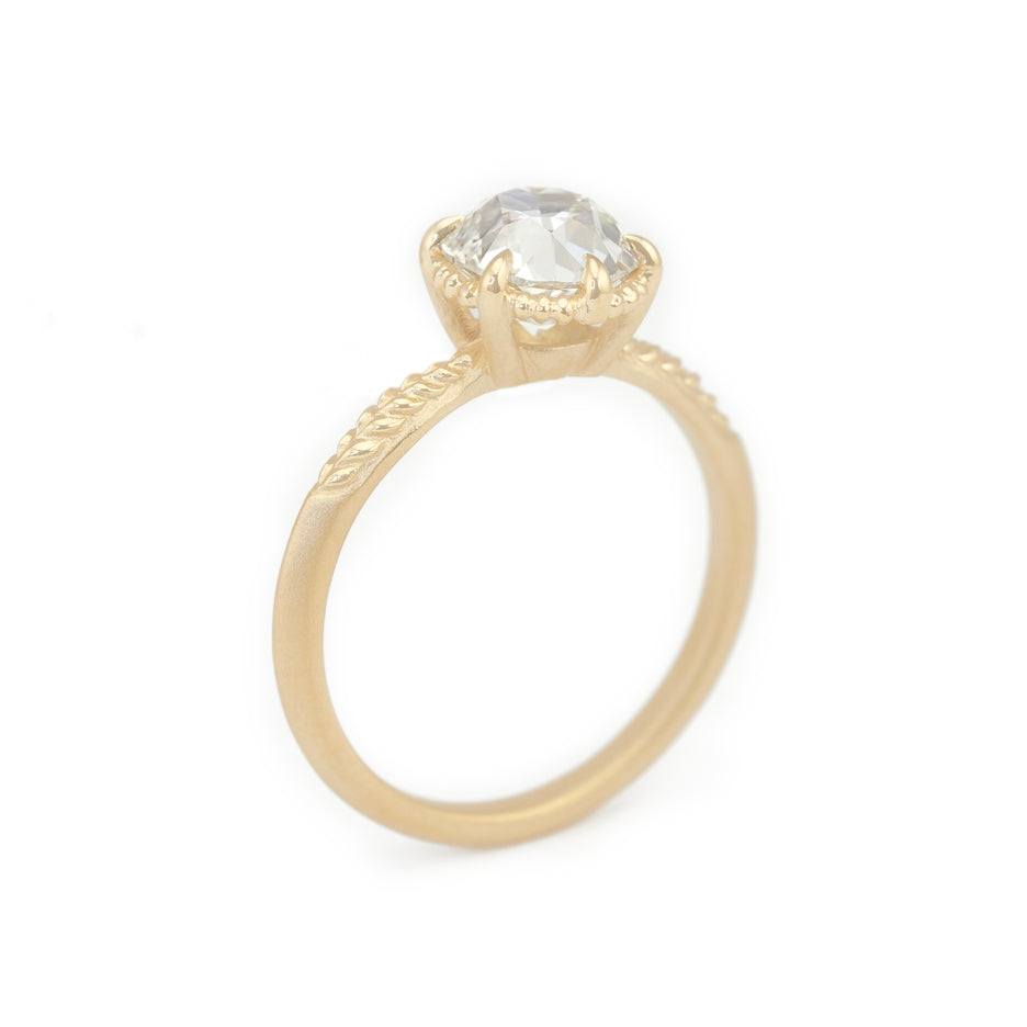 Lab Grown Diamond Engagement Ring in Yellow Gold with Detailing Through Finger View