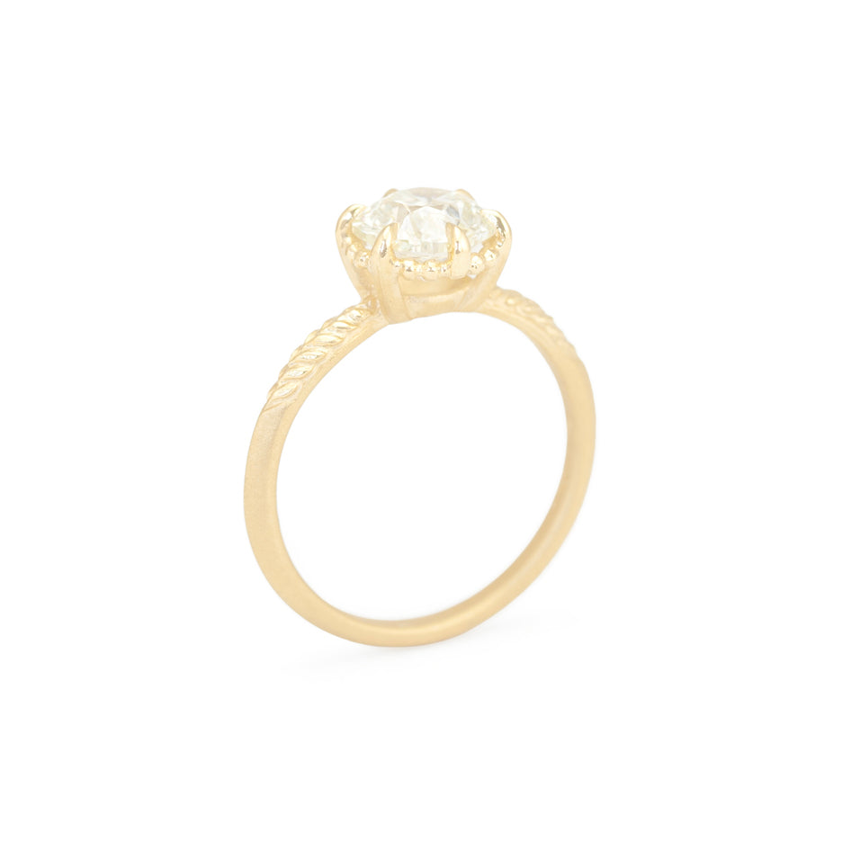 Antique Diamond Engagement Ring in Yellow Gold with Detailing Through Finger View