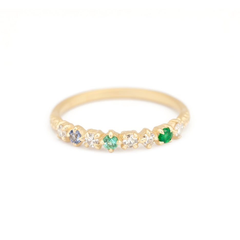Diamond and Emerald and Sapphire Band in Yellow Gold Front View
