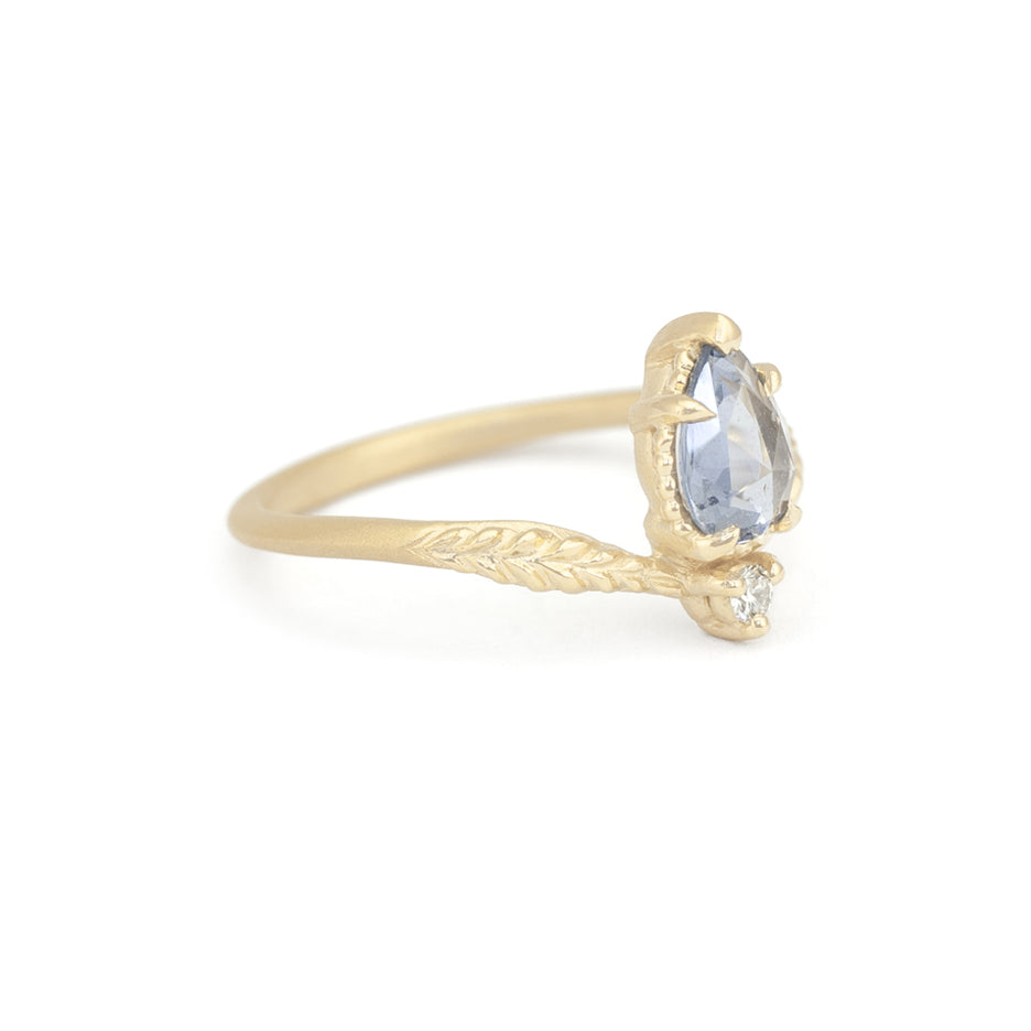 Pear Blue Sapphire Ring in Yellow Gold with Detailing Front View