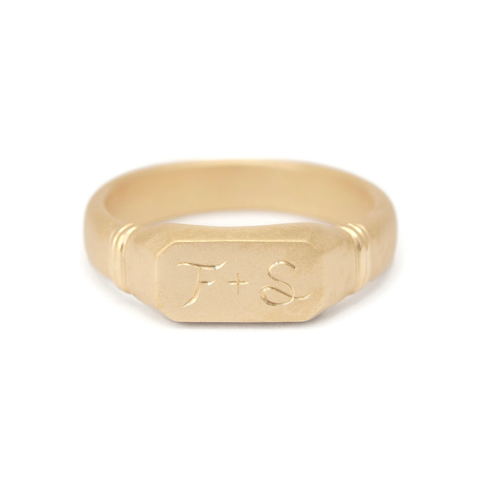 Hand Engraved Men&#39;s Wedding Band in Yellow Gold with Detailing Front View