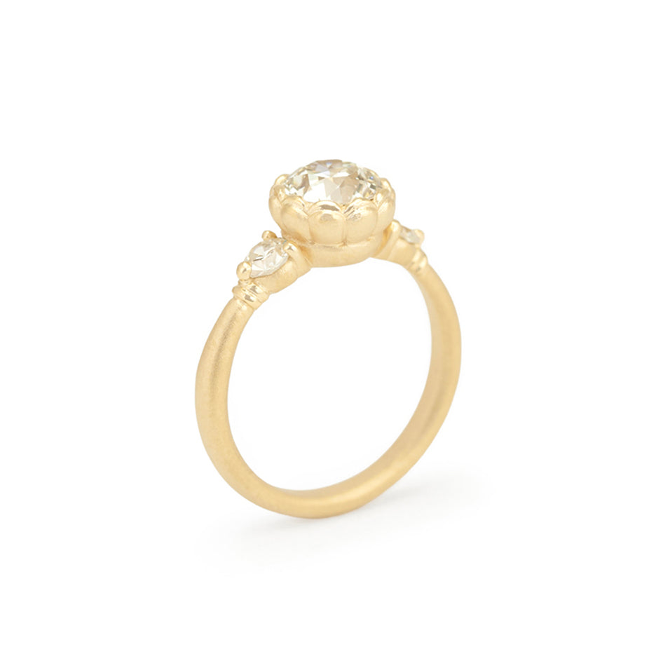 Diamond Engagement Ring in Yellow Gold with Detailing Through Finger View