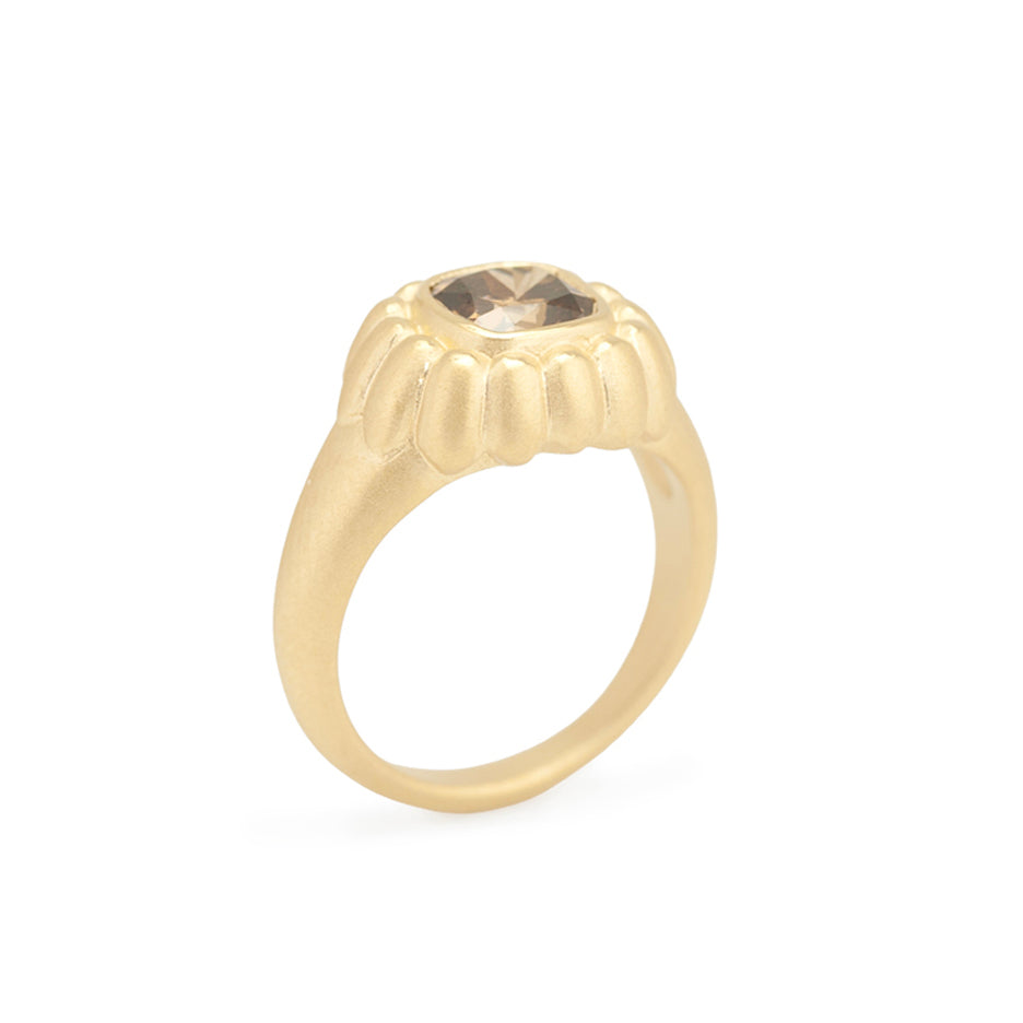 Brown Diamond Ring in Yellow Gold with Detailing Through Finger View