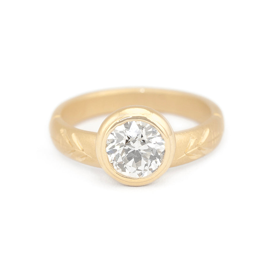 Hand Engraved Diamond Ring in Yellow Gold Front View