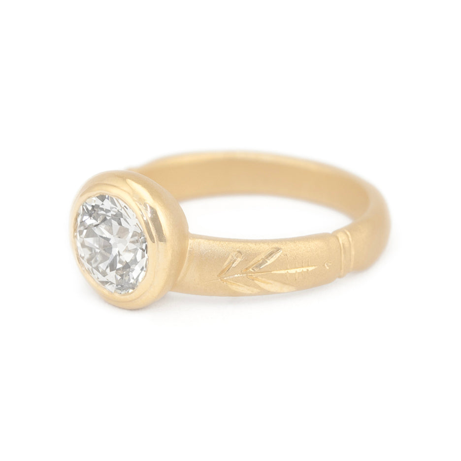 Hand Engraved Diamond Ring in Yellow Gold Side View