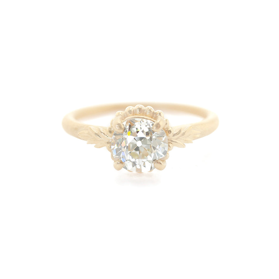 Handmade classic engagement ring with 1.31ct Old European Cut diamond with beading and floral details in 18K yellow gold by Designer Megan Thorne
