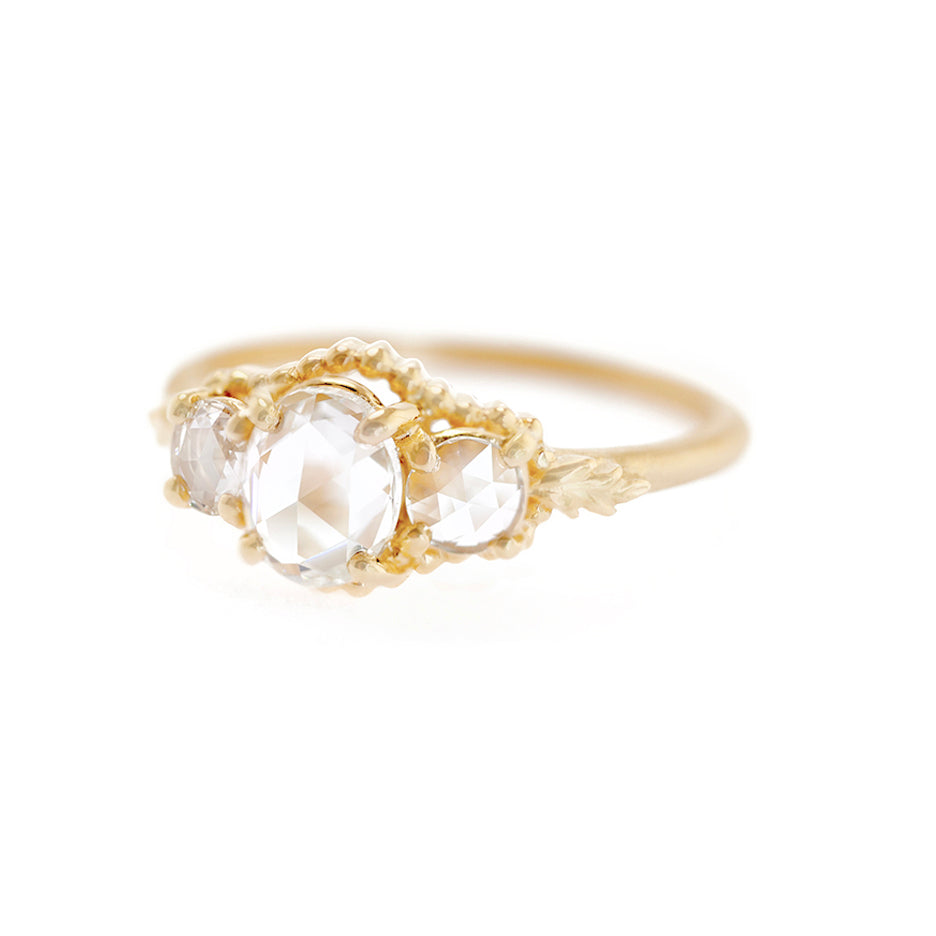 Rose Cut Diamond Non Traditional Engagement Ring in Yellow Gold with Detailing Front View