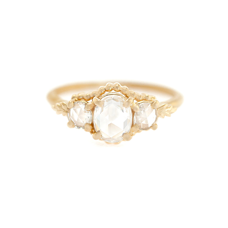 Rose Cut Diamond Non Traditional Engagement Ring in Yellow Gold with Detailing Front View