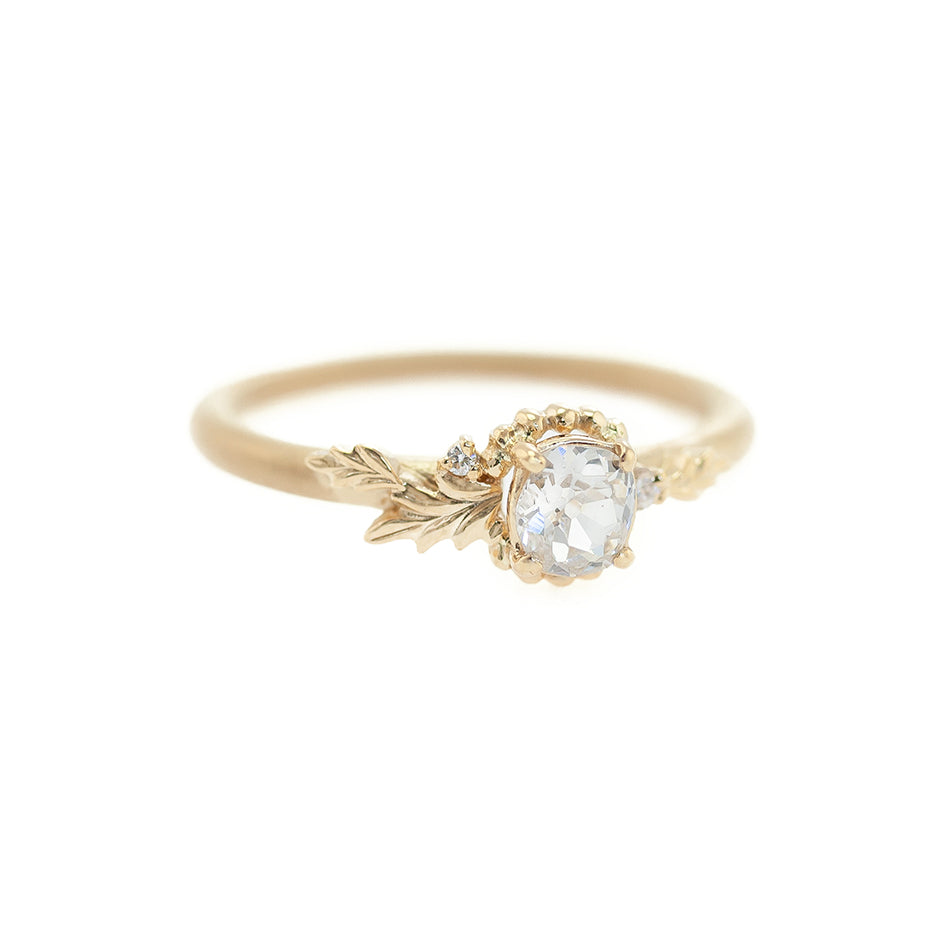Handmade Leafy Wood Nymph Cherie Engagement 18K Yellow Gold Ring Featuring Old Mine Cut Diamond With Accent Diamonds Designed by Megan Thorne