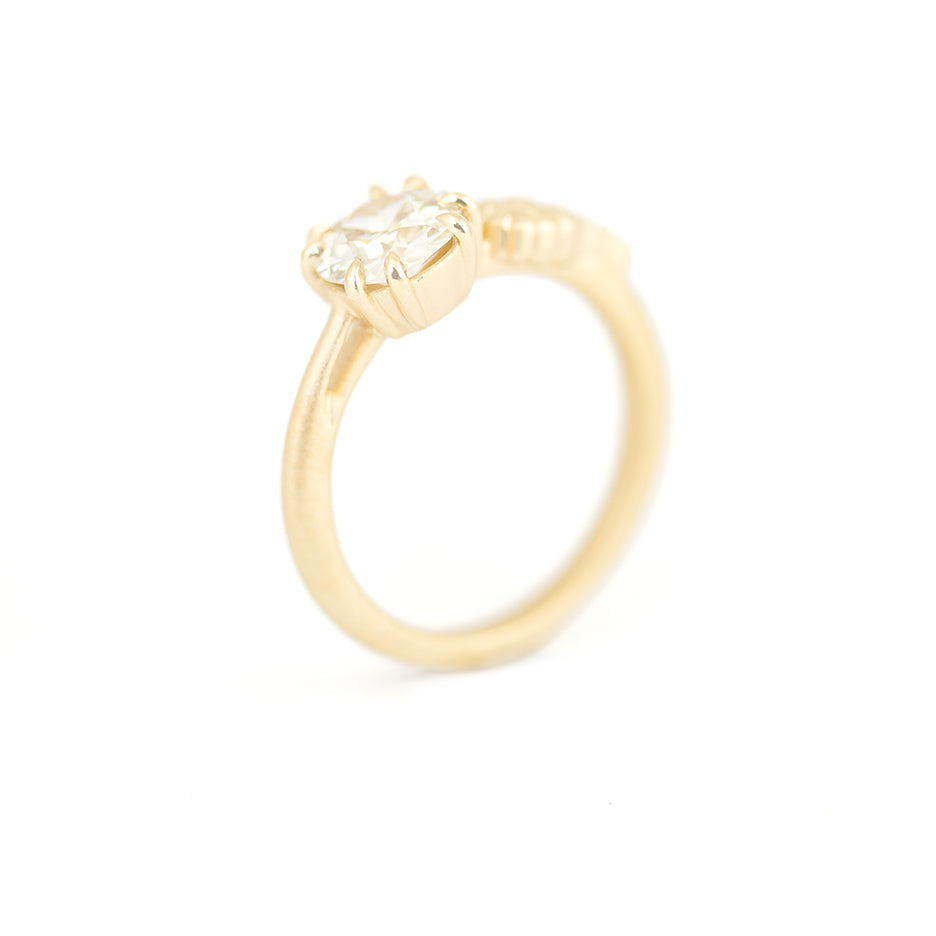 Diamond Non Traditional Engagement Ring in Yellow Gold with Detailing Through Finger View