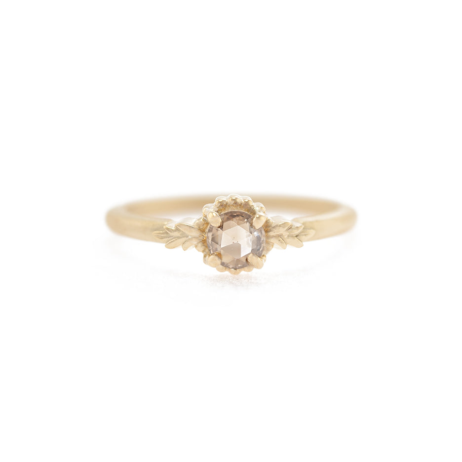 Handmade non-traditional engagement ring featuring champagne brown rose cut diamond and floral Wood Nymph details in 18K yellow gold. Perfect understated simple design by Designer Megan Thorne