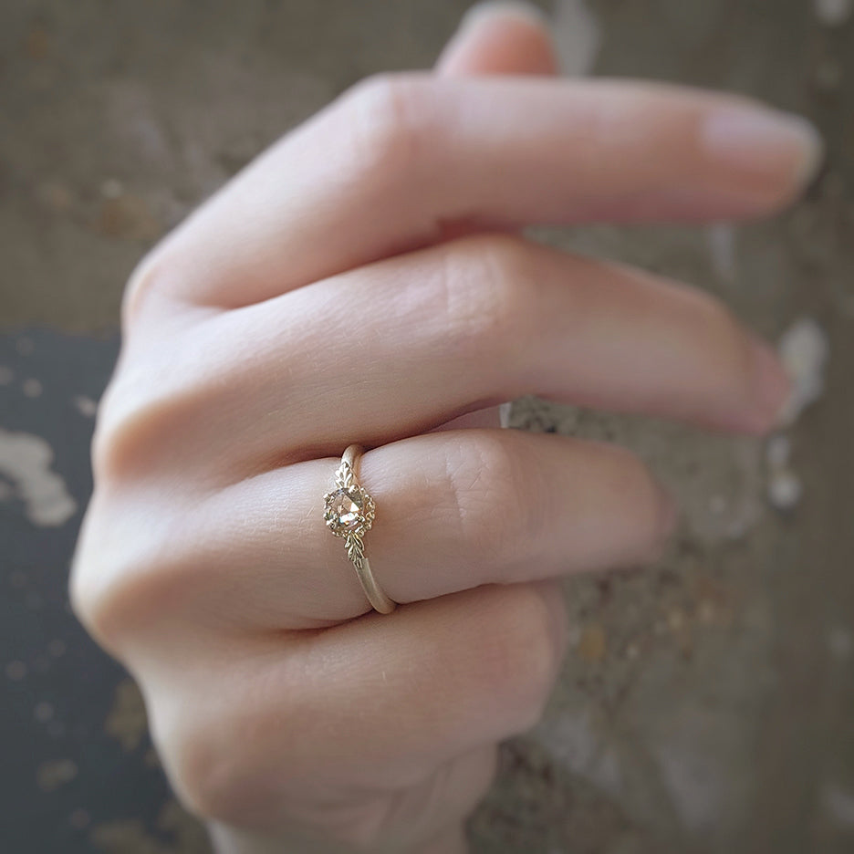 Handmade non-traditional engagement ring featuring champagne brown rose cut diamond and floral Wood Nymph details in 18K yellow gold. Perfect understated simple design by Designer Megan Thorne on hand