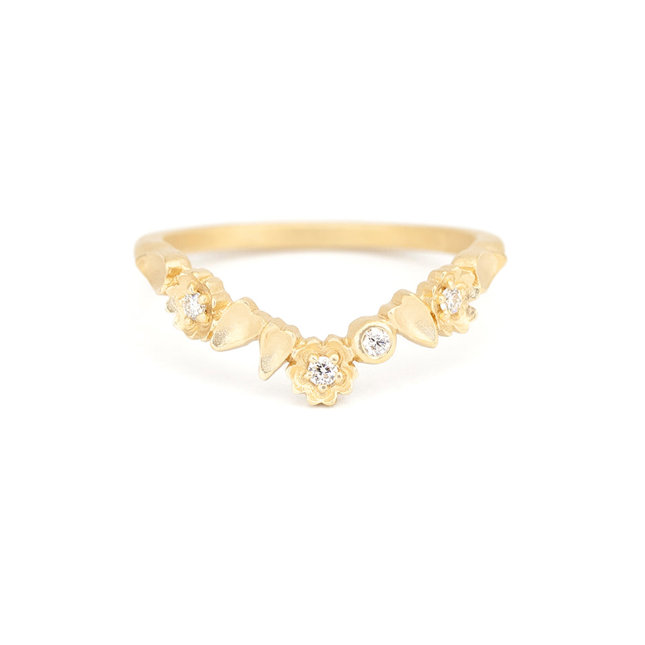 Floral Detailing Wedding V Guard Band in Yellow Gold with Diamonds Front View