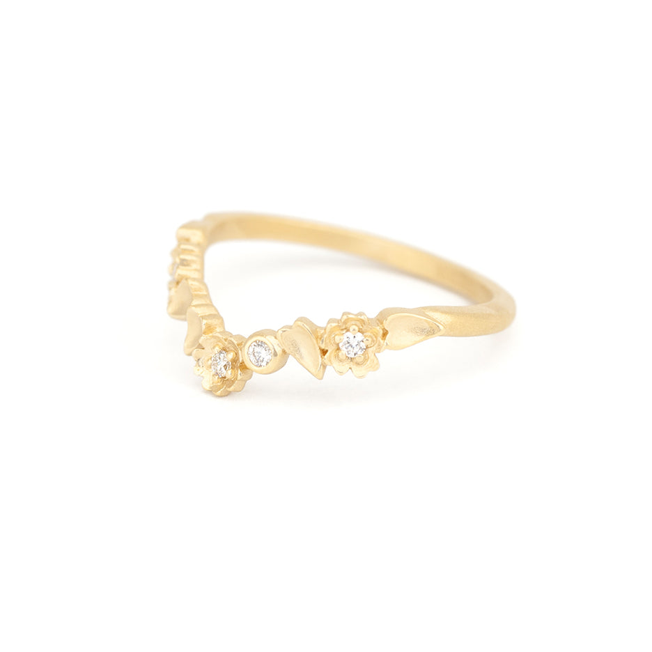 Floral Detailing Wedding V Guard Band in Yellow Gold with Diamonds Three Quarter View