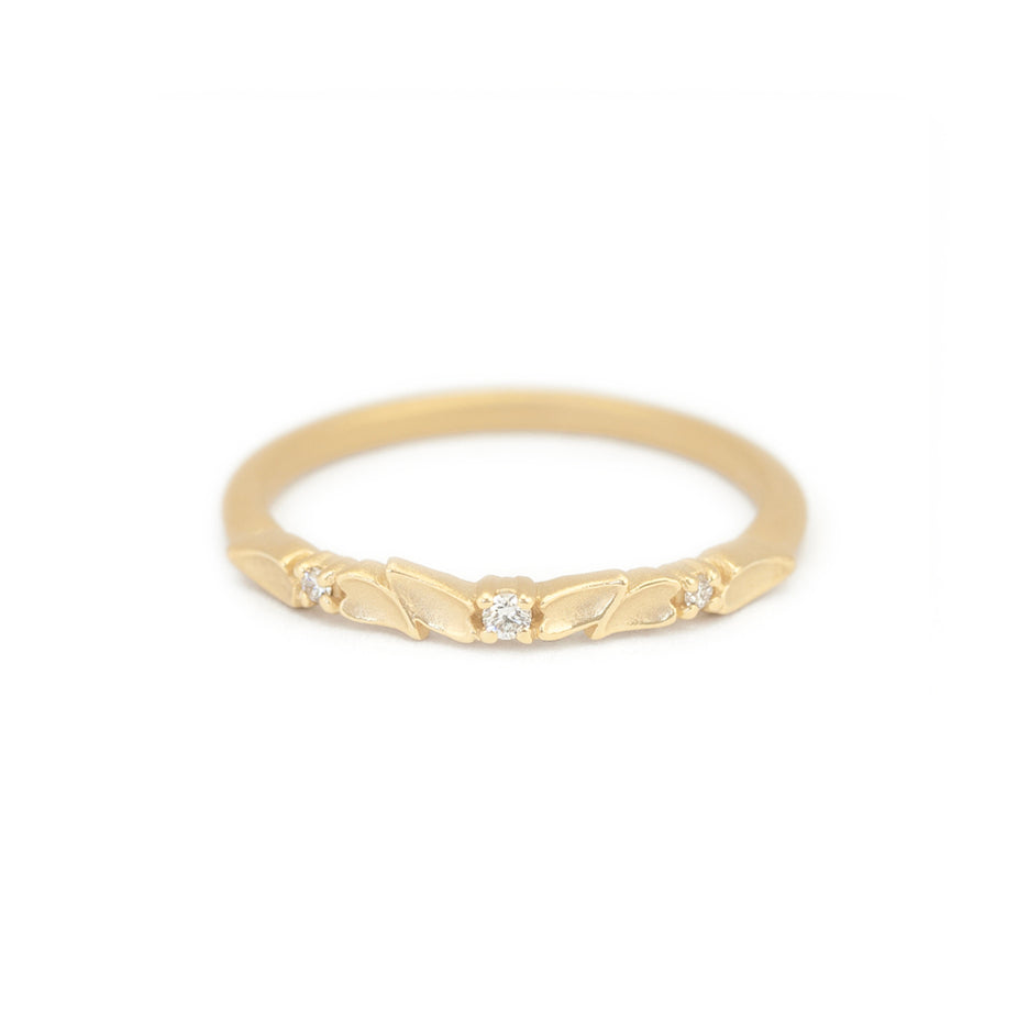 Diamond Wedding Band in Yellow Gold with Botanical Detailing Front View